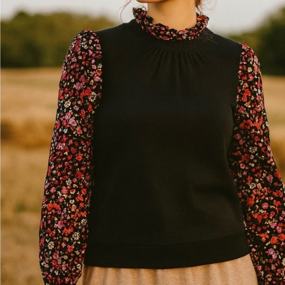 Who What Wear Black Top with Floral Sleeves